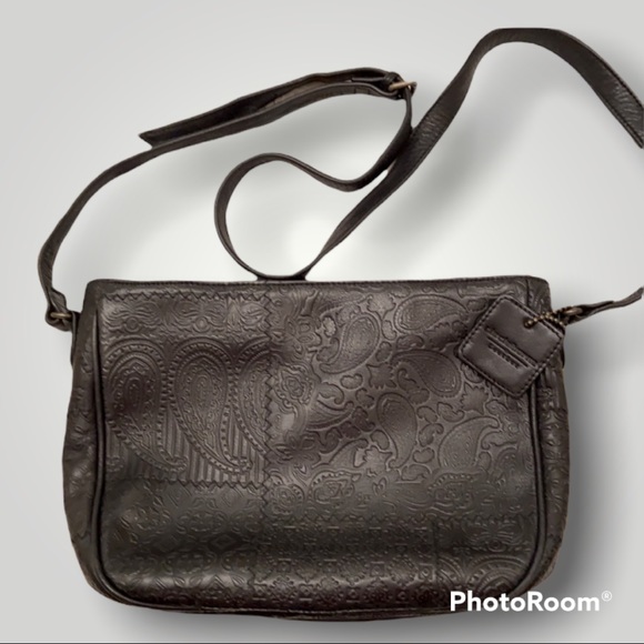Liz Claiborne Leather Tooled Purse Black Adjustable Strap Paisley design. NICE - Picture 1 of 15